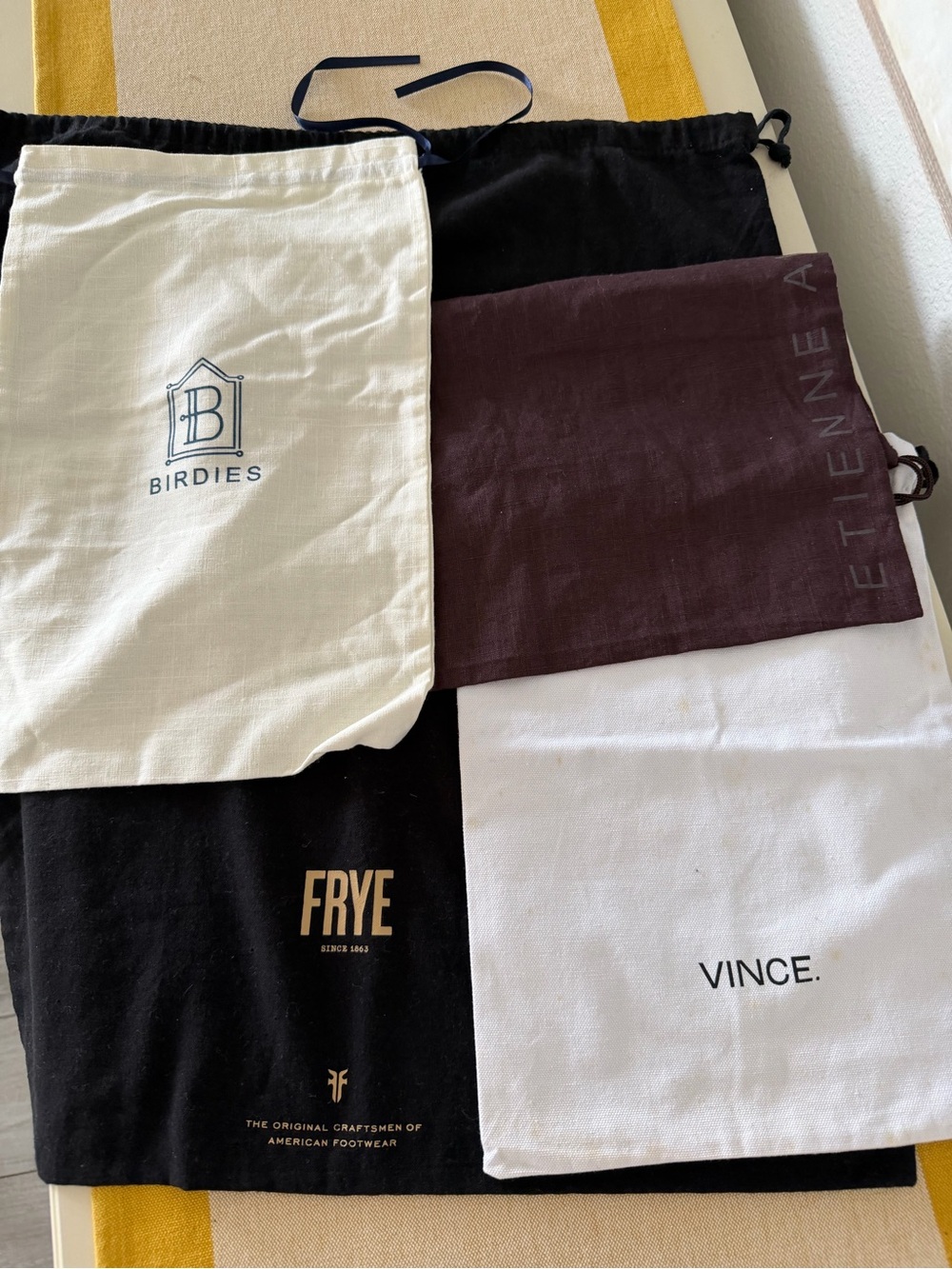 Designer Dust Bag Lot - FRYE, Vince., Birdies, Etienne Aigner